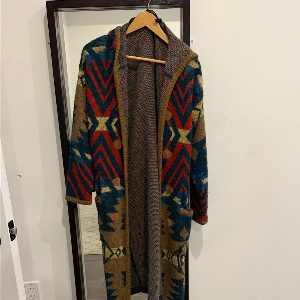 Aztec Pattern Open-Front Men's Cardigan in Blue, Red & Brown - Picture 1 of 2